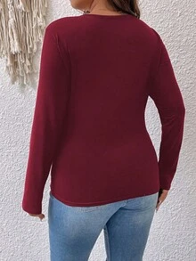EMERY ROSE Plus Size Women's Casual Solid Color Long Sleeve T-Shirt - Burgundy - View 2