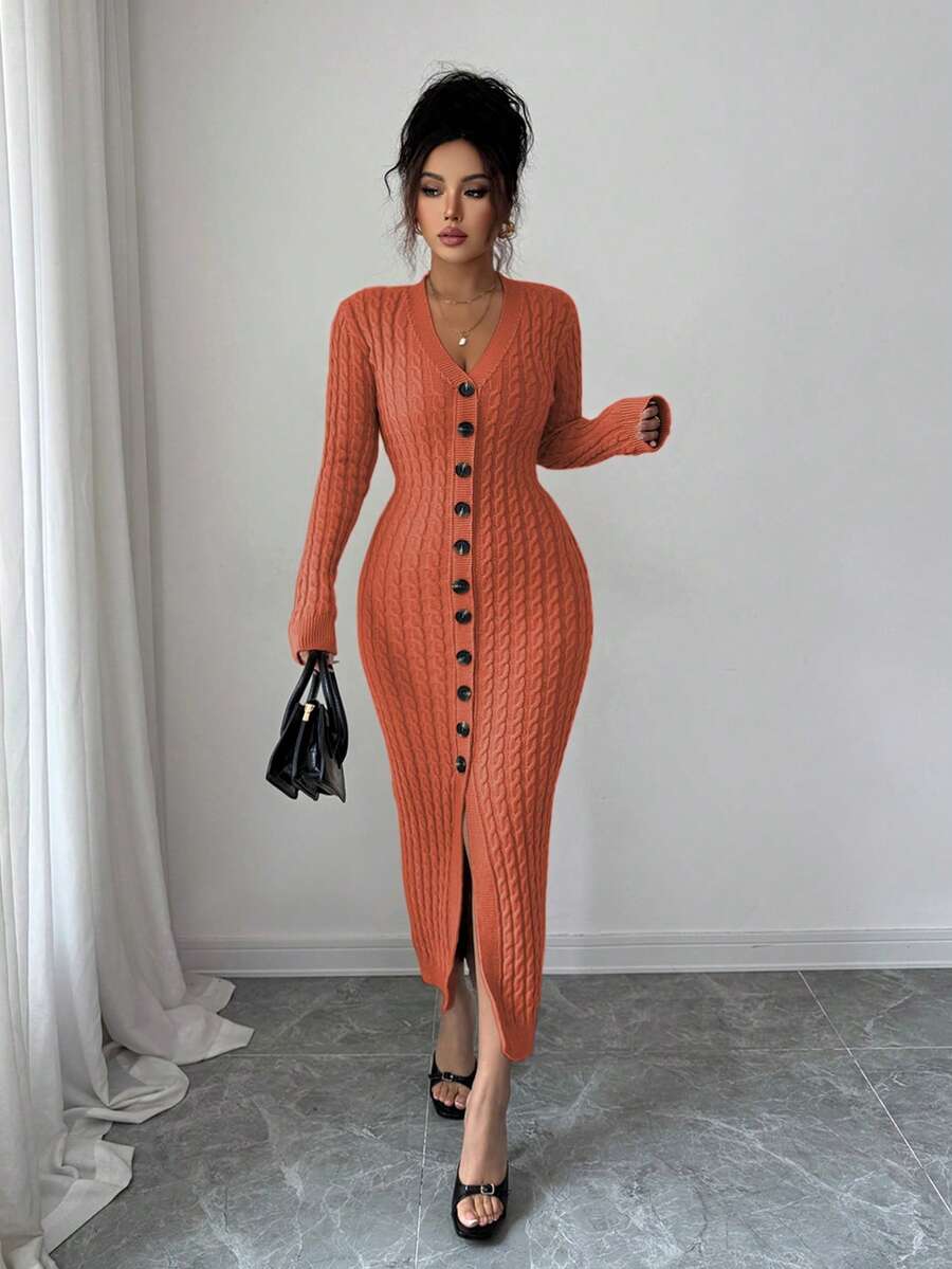Elenzga Women's Elegant Single-Breasted Fitted V-Neck Long Sleeve Knit Dress - Orange - View 1