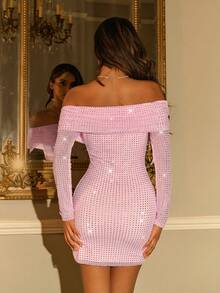 SHEIN ICON Faltbares Off-Shoulder Mesh-Minikleid mit Strass-Verzierung - Pink - Übersicht 2