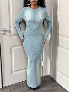 Slaydiva Women's Round Neck Long Sleeve Fitted Casual Denim Dress Long Sleeve Blue Dress Curve Jean Dress Long Bodycon Dress Light Blue Dress Curve Birthday Women Outfits Thanksgiving Women Outfit Fall Dresses Christmas Clothes Party Women Dresses Elegant Women Dresses Sister Gifts New Years - Dark Wash - View 2