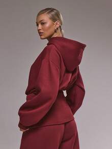 MUSERA 超大款收腰不对称开衩下摆卫衣运动套装上衣（仅限冬季可爱休闲舒适樱桃漆色） - 酒紅色 - 查看 6