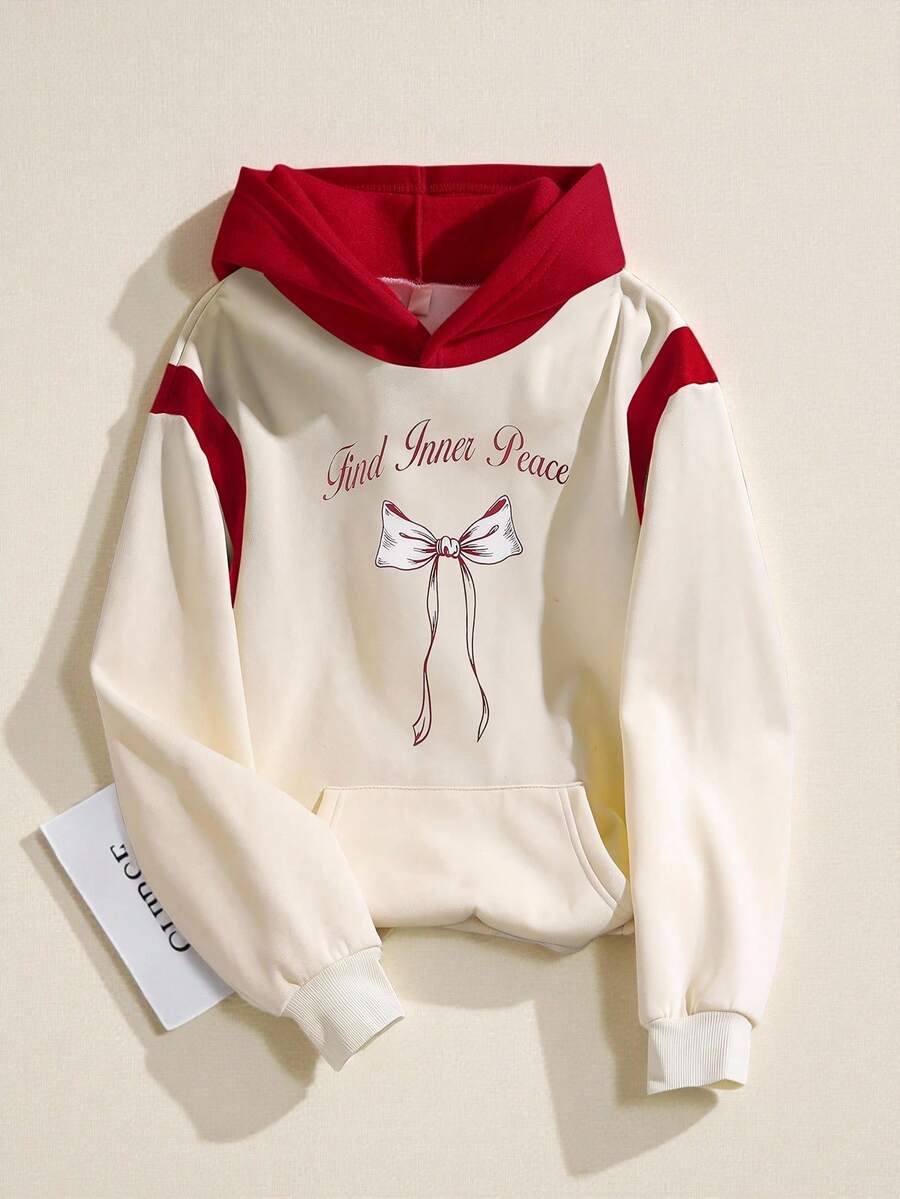 SHEIN 女童休闲套头卫衣,饰有蝴蝶结和撞色印花,百搭实用,适合日常穿着,秋冬季节也可搭配紧身牛仔裤、短裤或裙子。 - 紅色 - 查看 1