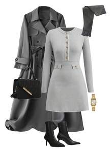 Ellevyn 女士灰色金属纽扣撞色滚边修身弹力优雅日常休闲通勤短款毛衣连衣裙 - 灰色 - 查看 14