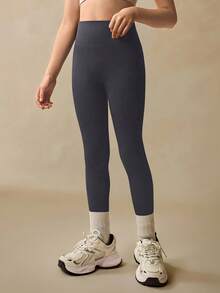 SHEIN Seamluxe Sport 高腰罗纹无缝修身女童紧身裤 - 云朵般柔软，第二层肌肤般柔软，速干透气，四向弹力紧身裤，适合跑步、骑行、瑜伽、泡菜球运动、休闲，黑色 - 深灰色 - 查看 5