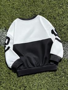 Captain Tsubasa X SHEIN Young Girl Sporty Casual Letter Graphic Color Block Round Neck Long Sleeve Loose Knit Sweatshirt - Black - View 2