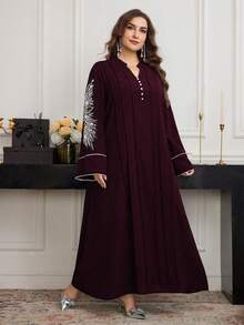 Al Najma Đầm dài tay rộng rãi cổ tròn đính hạt cỡ lớn cho nữ, mùa xuân/thu - Màu Đỏ Sâu - Xem 3