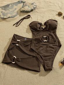 SHEIN Swim Women's Solid Color One-Piece Metal Decor Swimsuit & Skirt 2 Pieces Set, Spring/Summer - Brown - View 1