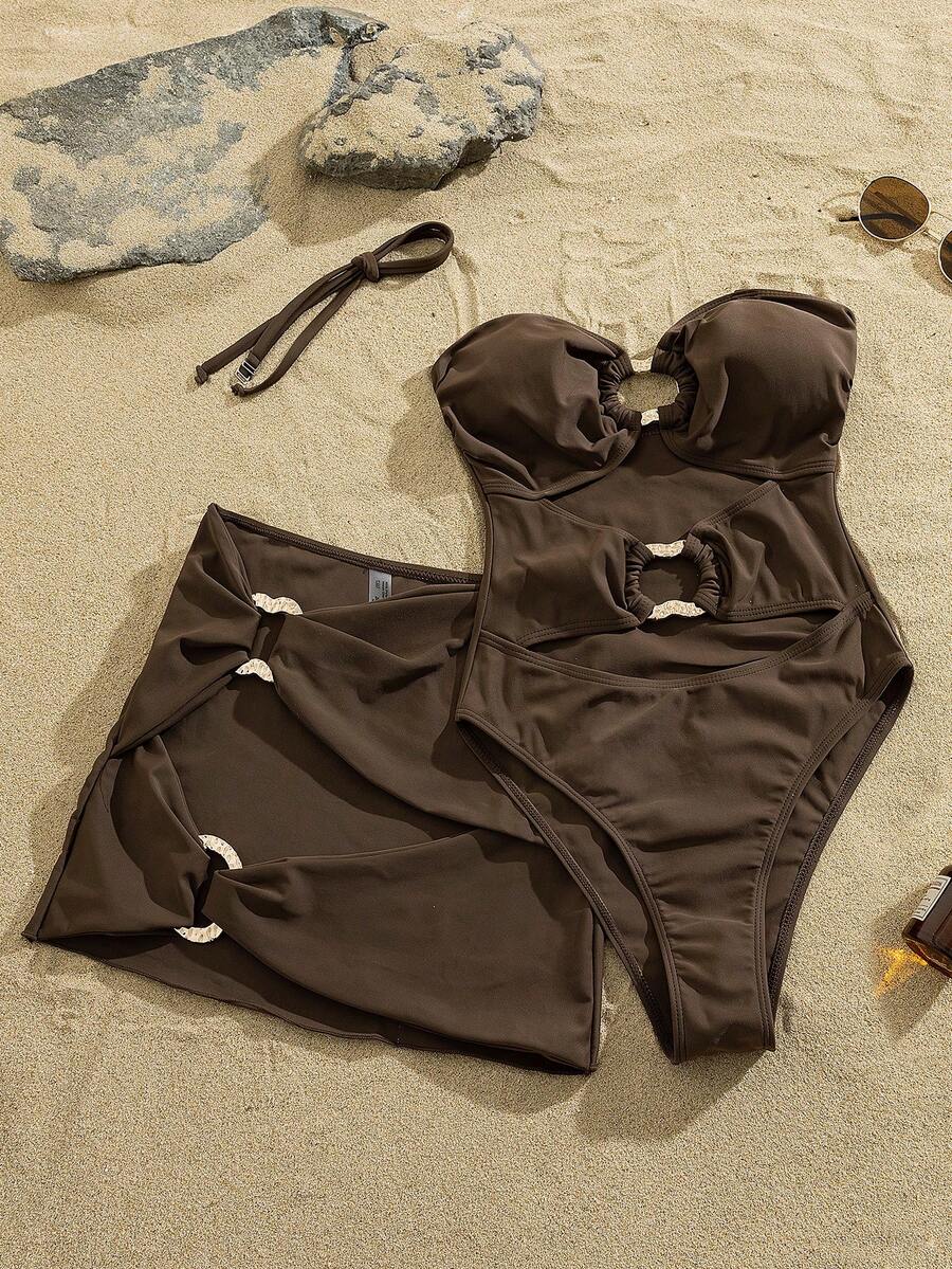 SHEIN Swim Women's Solid Color One-Piece Metal Decor Swimsuit & Skirt 2 Pieces Set, Spring/Summer - Brown - View 1