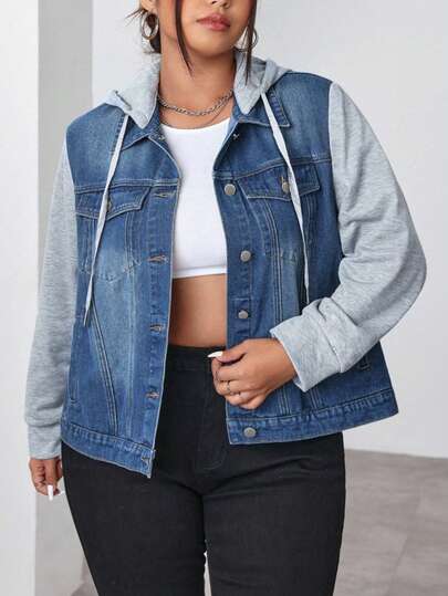 SHEIN CURVE+ Veste en jean à capuche à manches longues, à cordon de serrage et à simple boutonnage pour femmes grandes tailles, pour l'automne