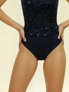 CAJUNI Women's Black Sequin Strapless Bodysuit,Summer 70's Club Party Disco,Classic Corset-Style Bustier,Elegant Sweetheart Neckline,Sleeveless Glitter Top - Black - View 4