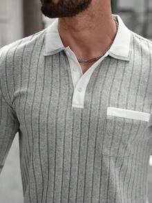 Manfinity CasualCool Men's Casual Contrast Collar Long Sleeve Polo Shirt, Autumn Fall/Winter Men Casual Shirt Men Knit Shirt Men Buttoned Knitted Polo Men Casual Long Sleeve Shirts White And Grey Shirt Men  Old Money,Daily Leisure, Weekend Trips, Outdoor Activities, Travel Expeditions, Relaxed Work Environments Or Semi-Formal Occasions,Boyfriend/Husband Gift, Anniversary Gift Christmas Outfits Men Sweater Top Mens Grey And White Set Knitted Men Shirt