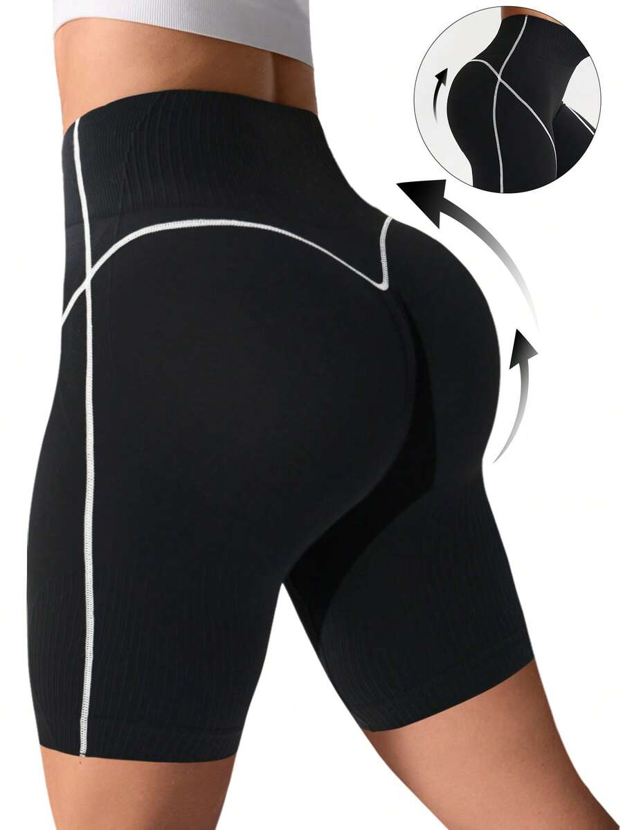 Rhythm Era 1pc Women Plus Size Seamless High Waist Criss-Cross Line Workout Running Fitness Yoga Cycling Shorts Spandex Shorts Tummy Control Compression Shorts For Women - Black and White - View 1