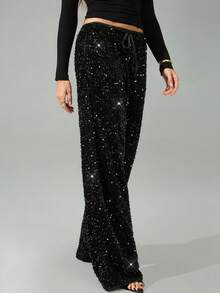 SHEIN Tall 女式黑色天鹅绒闪亮亮片休闲/音乐会/鸡尾酒会/夜间外出/狂欢节抽绳阔腿裤 - 黑色 - 查看 4