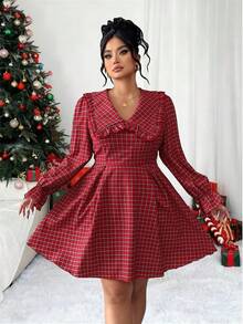 Elenzga Vintage French Style Christmas Red Plaid Ruffle Hem Babydoll Dress, Autumn/Winter - Red - View 3
