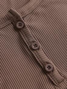 SHEIN Áo thun dệt kim dài tay màu đen trơn có khóa kéo nửa dành cho bé gái tuổi teen - Cà phê nâu - Xem 4