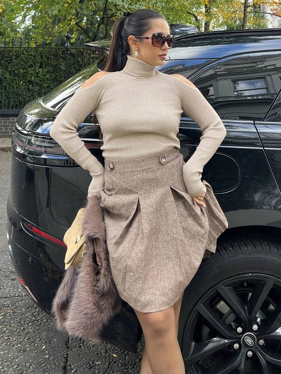 NegzBox تنورة نسائية كلاسيكية أنيقة من Vintage، تنيرة جيب بخصر F، تنورة قصيرة بلون القهوة، مناسبة للصيف والخريف - قهوة بني - مشاهدة 1