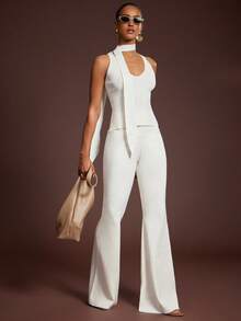 L'Amorae Flare Leg Sweater Pants For Airport - White - View 4