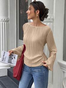 SHEIN Elenzya Áo sơ mi xếp ly cổ tròn tay loe rộng thu đông - Màu Khaki - Xem 3