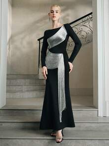 Anewsta Elegant Fitted Round Neck Long Sleeve Tassel Dress For Party & Dinner