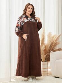 Lacomfia Casual Fuzzy Patchwork Print Zip-Up Collar Long Sleeve Loose Regular Autumn/Winter Plus Size Dress - Multicolor - View 5