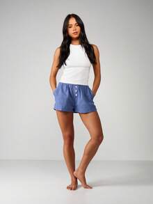 MISSGUIDED Ribbed Tank Top And Plaid Check Boxer Shorts Lounge Set For Women Sleepwear Pajama Set - Blue and White - View 3
