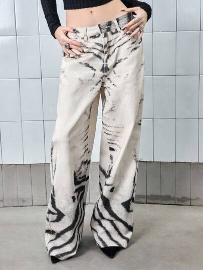 J-Fashion Vintage Fashionable Loose Straight Leg Gradient Zebra Print Jeans, Unisex