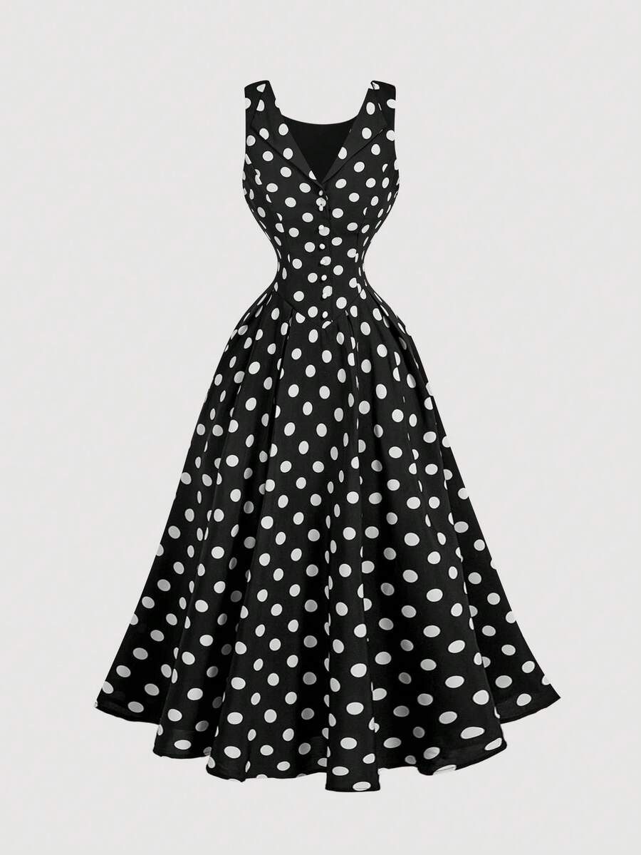 SHEIN MOD 女士波点无袖优雅中长连衣裙，纽扣设计 - 黑色 - 查看 1