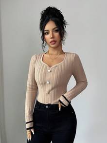 Elenzga Women's Striped Long Sleeve Button Design Fitted Sweater, Autumn/Winter - Camel - View 3