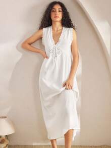 Ocili 100%纯棉刺绣舒适无袖连衣裙，女士休闲家居服，别致的秋季睡眠 - 白色 - 查看 5