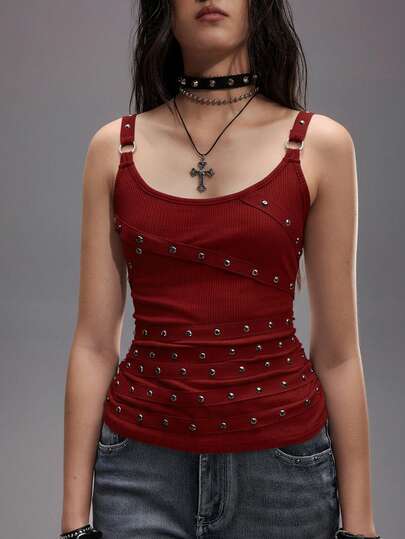 Grunge Punk Canotta da donna stile Kpop, sexy, con spalline sottili e scollo profondo, nera, con borchie, cristalli e nastri, adatta per l'estate, spiaggia, laurea, Pasqua, concerti, vacanze a Nashville, festival musicali, rock