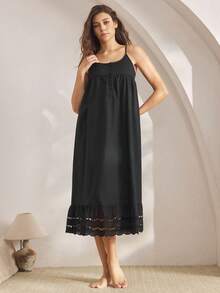 100% Cotton Embroidered Open Front Shell Button Comfortable Women Nightgown Dress - Black - View 5