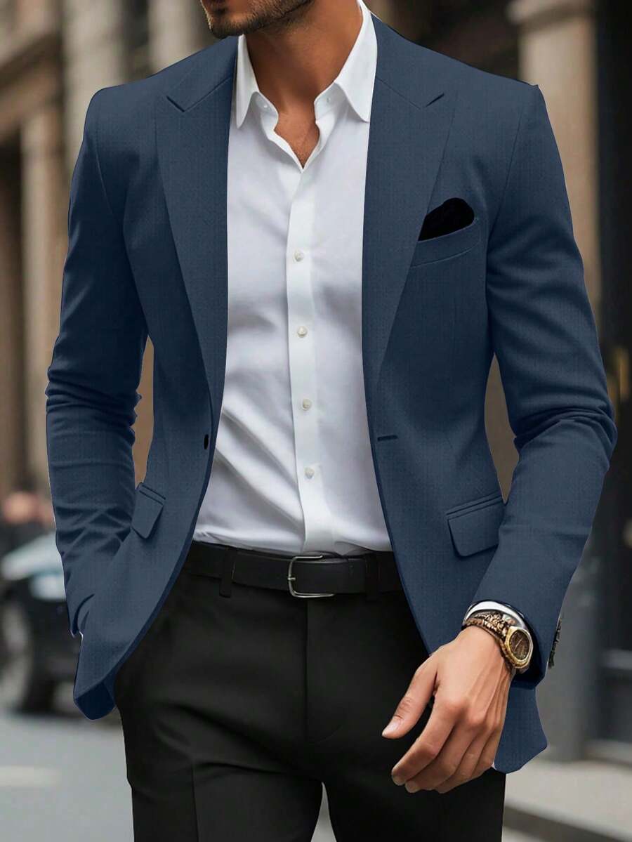 Manfinity Mode 男士商务通勤翻领商务旅行休闲西装外套 - 藏蓝色 - 查看 1