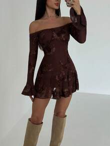 Aloruh Vestido Curto Minimalista de Uso Diário com Ombros à Mostra e Bordado Floral para Mulheres - Café - Visão 6