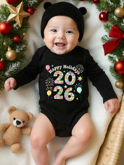 Baby Boy Casual Fashionable New Year 2026 Slogan Colorful Font Fireworks & Balloon Pattern Comfortable Long Sleeve Bodysuit, Suitable For Autumn/Winter/Spring, Lightweight & Cozy, Great For Casual Outings, Back To School, Outdoor Picnics, Street Photography, Festivals, Gifts