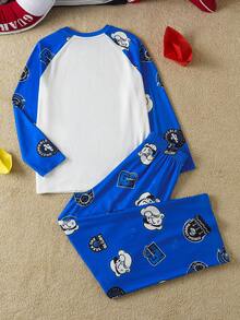 Popeye X SHEIN Bộ đồ ngủ quần dài rộng rãi thoải mái cho bé trai tuổi teen mặc áo thun tay ngắn họa tiết hoạt hình màu xanh - Xanh và trắng - Xem 2