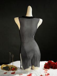 SpicyHot 网纱镂空侧开衩性感透视迷你睡裙 - 黑色 - 查看 2