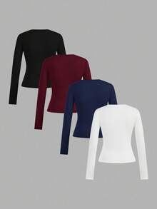 SHEIN EZwear 4件套女士圆领休闲修身长袖T恤套装，秋冬季 - 彩色 - 查看 2