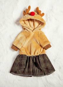 PETSIN 1 件宠物卡其色格子驯鹿服装连帽连衣裙，圣诞节 - 棕色 - 查看 2