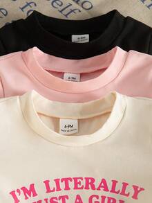 SHEIN 3件套女婴可爱樱花蝴蝶结印花长袖上衣套装，黑色/粉色/白色 - 彩色 - 查看 3