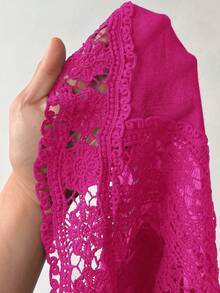 Swim Lushoire 大码女式镂空蕾丝拼接深V领休闲度假罩衫 - 玫紅色 - 查看 5