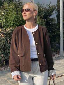 Vivie Lora Chaqueta regular holgada de pana con parches para mujer - Marrón - Ver 7