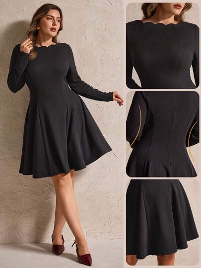 Elegantrix 秋冬大码露肩波浪下摆A字休闲迷你连衣裙