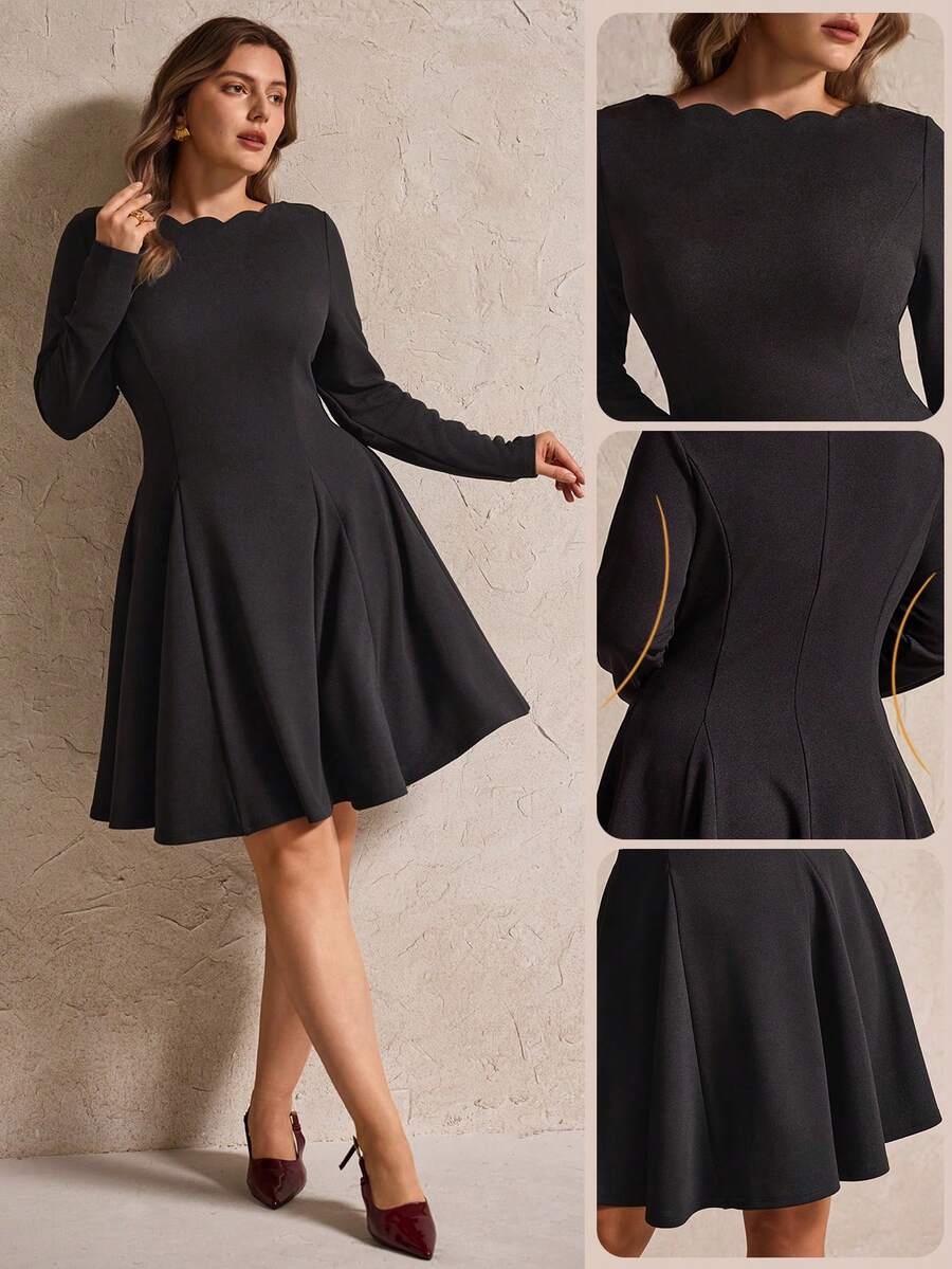 Elegantrix Gaun Mini Kasual Model A-Line dengan Bahu Terbuka dan Hem Bergelombang Ukuran Plus, Musim Gugur/Dingin - Hitam - View 1