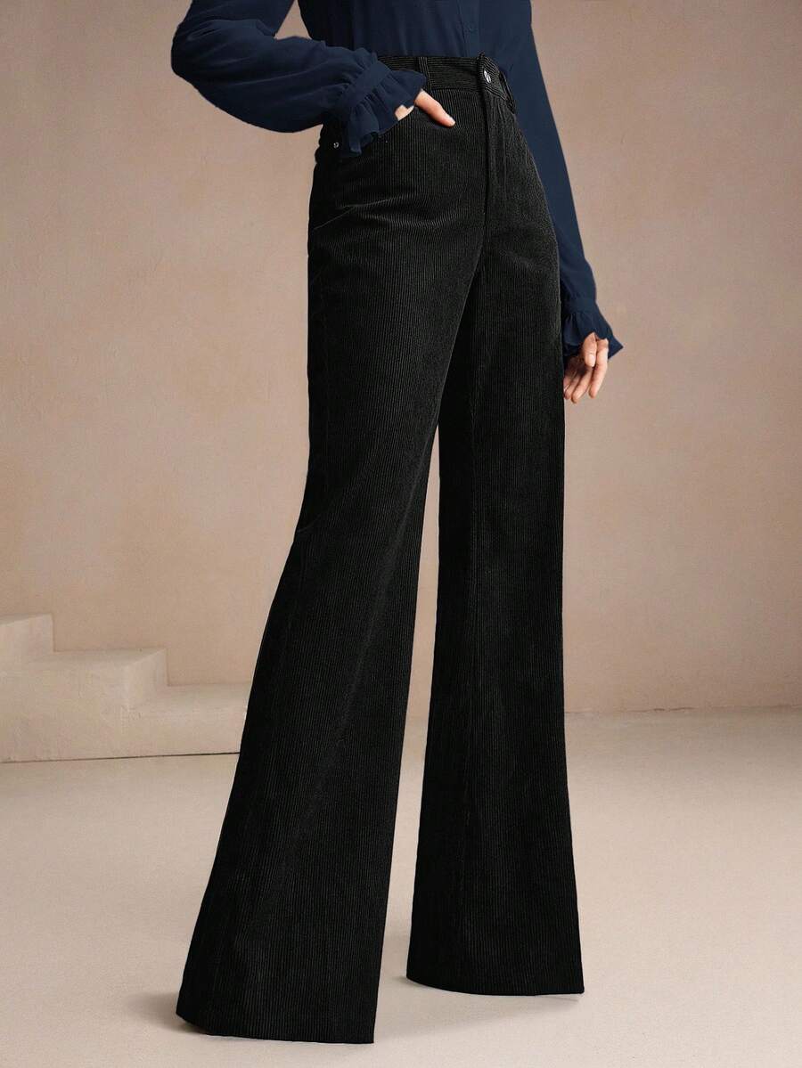 Anewsta 女士黑色灯芯绒裤，铆钉口袋设计，优雅商务休闲喇叭裤，适合秋冬季穿着