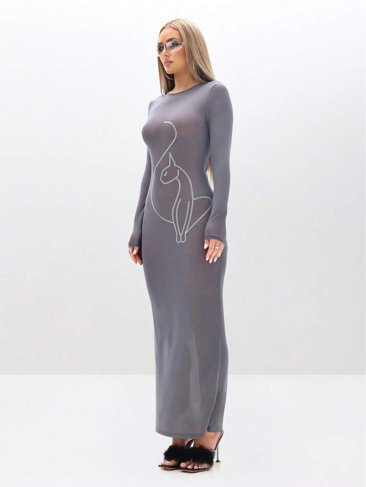BABYPHAT Sheer Mesh Maxi Dress With Rhinestone Cat Outline Design Long Sleeve Bodycon Evening Gown