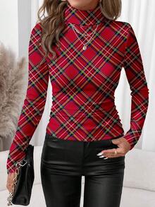 SHEIN Clasi 休闲简约女式圣诞格子印花高领打底T恤，适合秋冬季节、居家穿着、时尚派对等场合。 - 彩色 - 查看 6