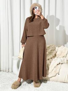 Auralis Plus Size Casual Solid Color Top And Skirt 2 Pieces Set, Brown/ Spring - Brown - View 5