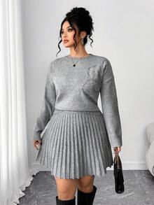 SHEIN PETITE CURVE طقم ملابس علوية كاجوال طويلة الأكمام مزينة بزهور ثلاثية الأبعاد وتنورة فضفاضة، ملابس علوية كنزة مناسبة للمقاسات الكبيرة، مناسب للخروجات - رمادي - مشاهدة 1