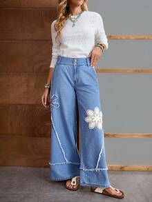 EMERY ROSE 女士花卉贴袋毛边宽松休闲牛仔裤 - 藍色 - 查看 4