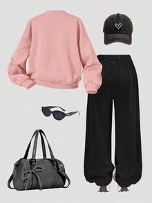 SHEIN 少女宽松休闲简约舒适圆领套头卫衣和裤子套装 - 白色 - 查看 2